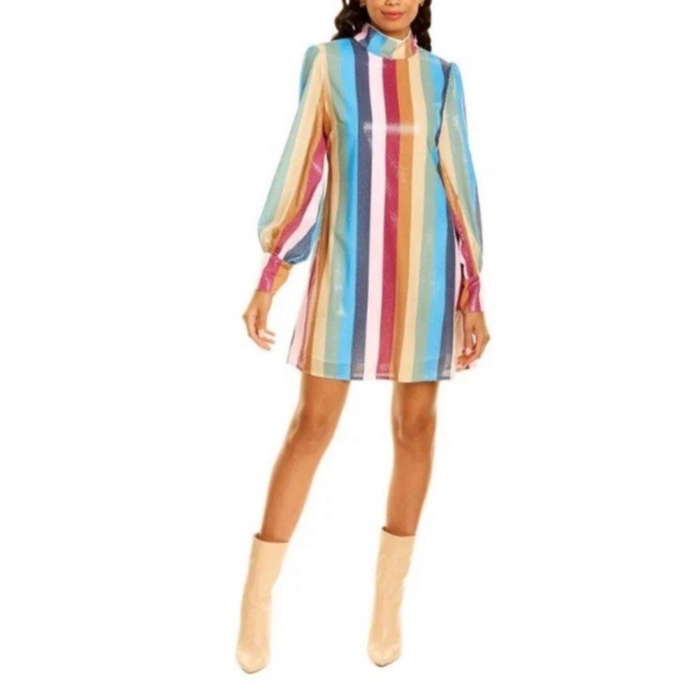 Olivia Rubin Melissa Sequin Rainbow Stripe  Mock Neck‎ Mini Dress Size 4-NWT